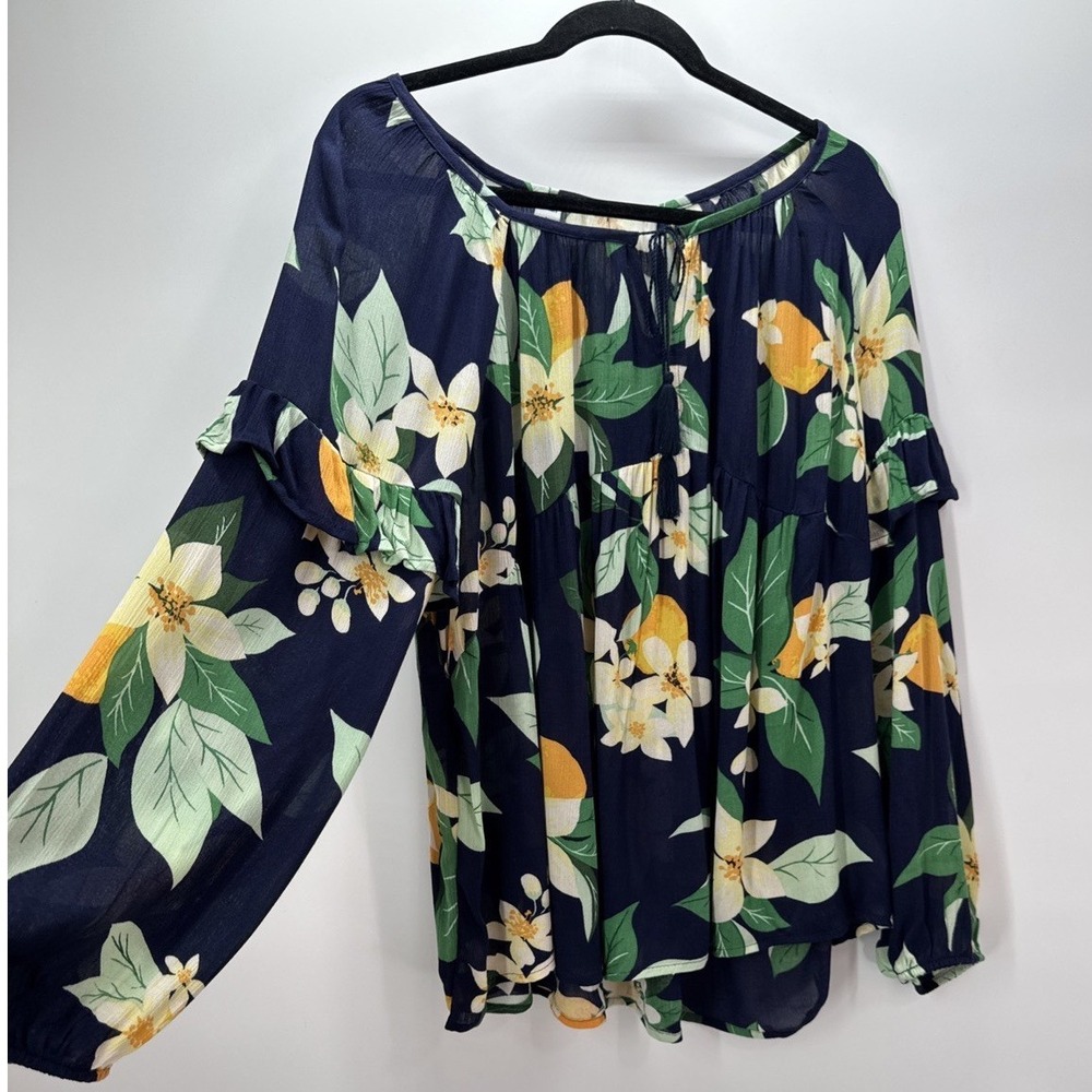 Old Navy Orange Blossom Floral Swing Blouse Navy Blue Ruffle Sleeve XL